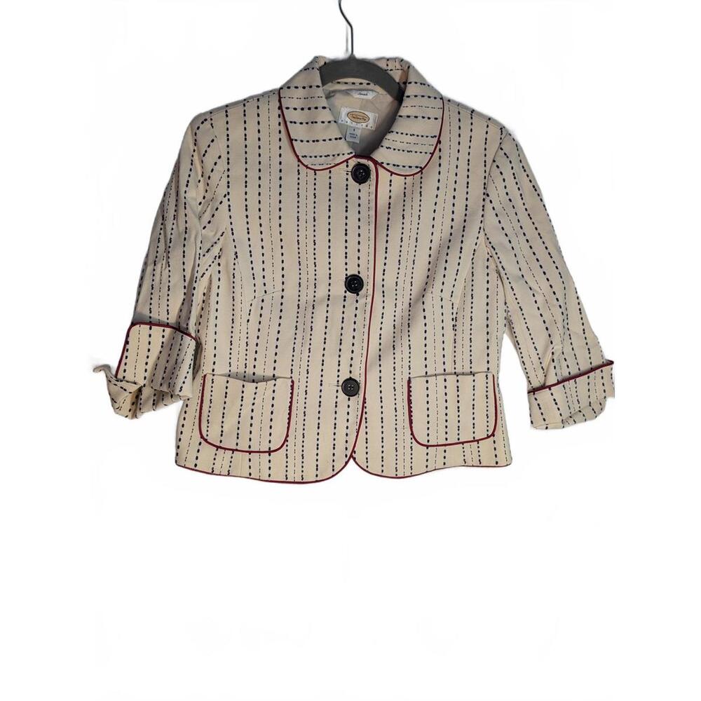Talbots Petites Womens size 8 Off White Blue Red Striped Blazer Jacket